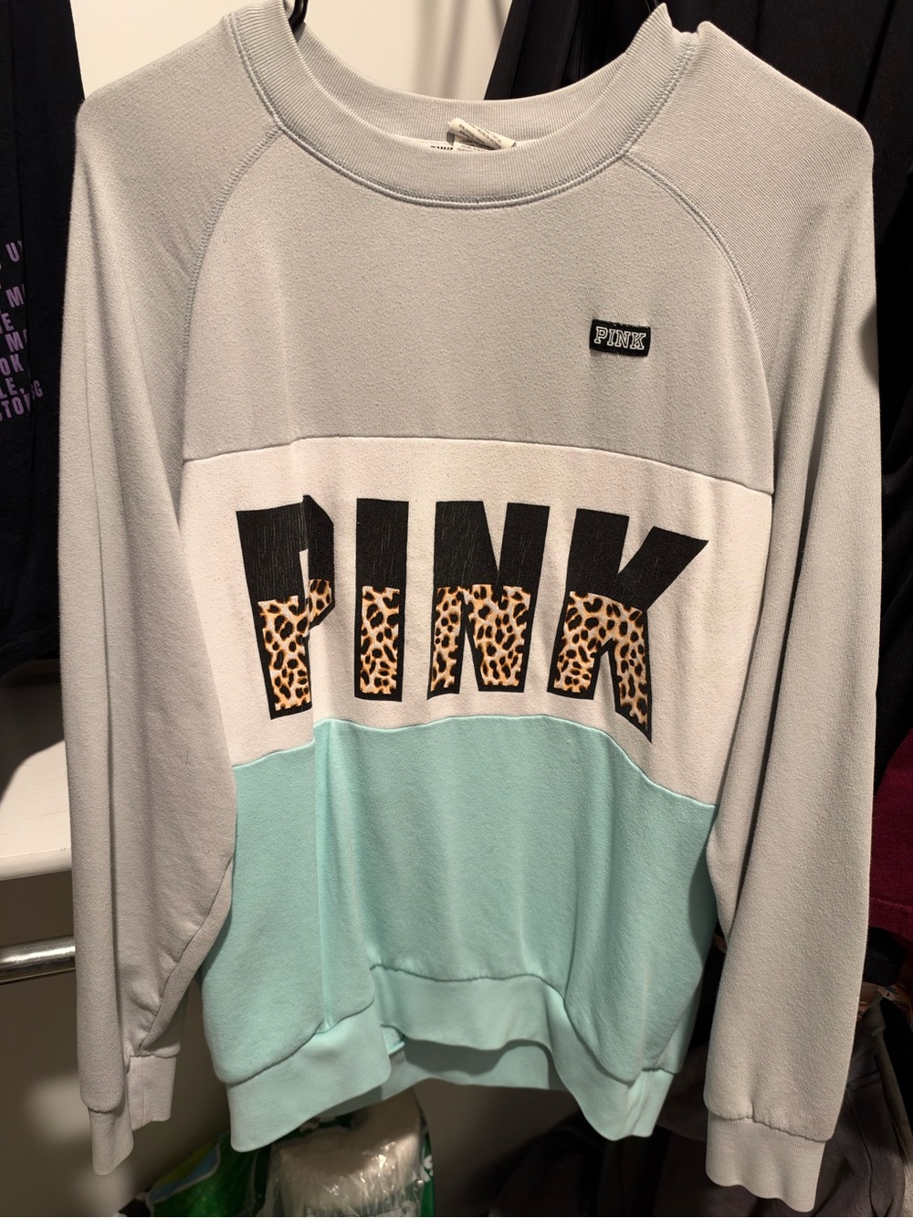 PINK Victoria's Secret Gray, White & Mint Colorblock Crewneck with Leopard Logo